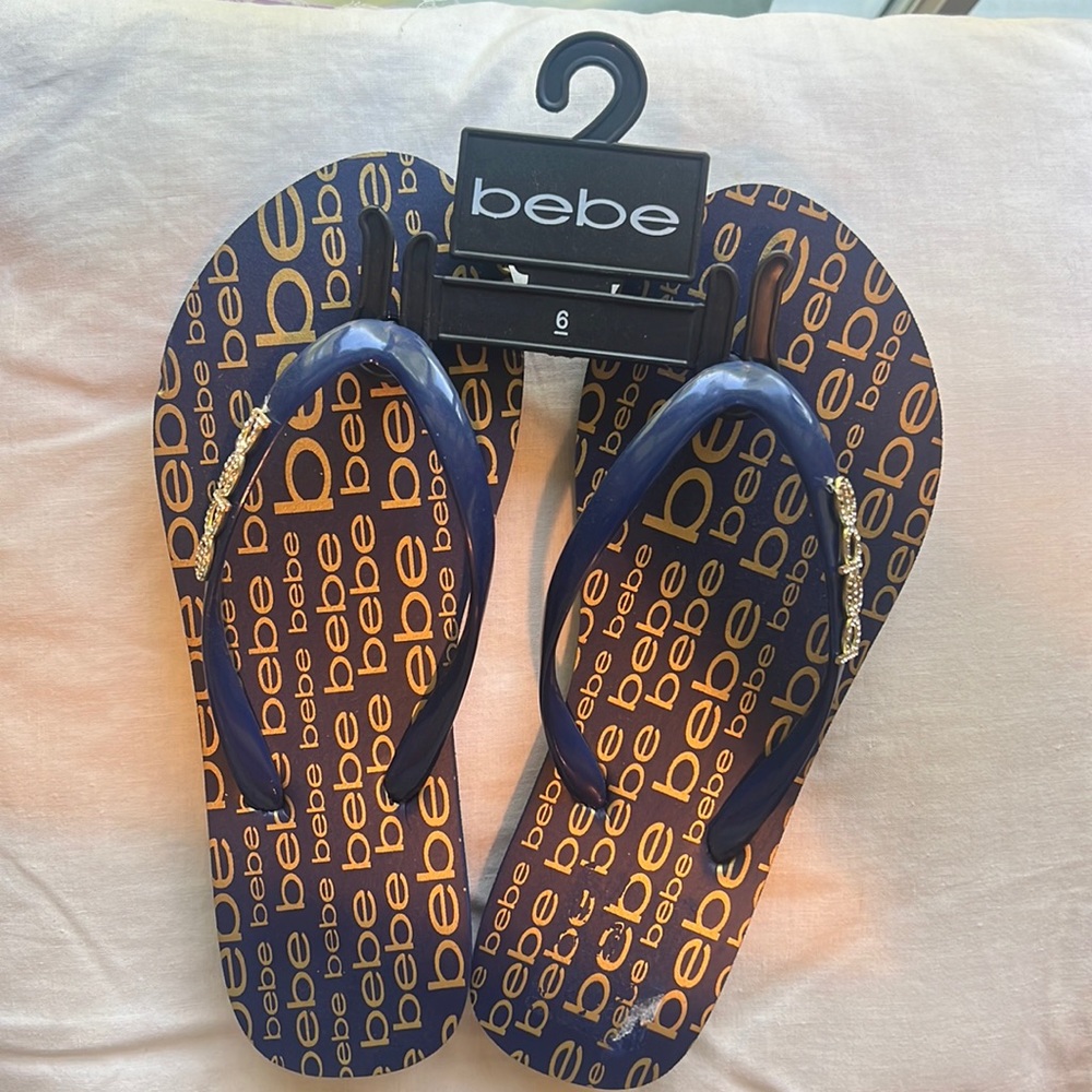 Navy Blue and Gold Bebe Flip Flops